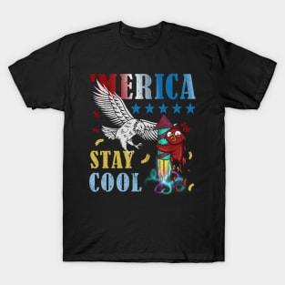 Merica Funny Eagle and Scared Parrot Fireworks Stay Cool T-Shirt